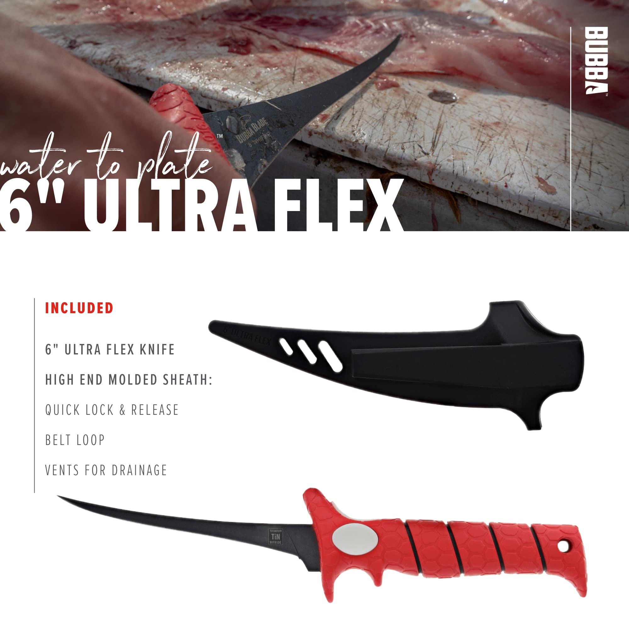 BUBBA 6 Inch Ultra Flex Tapered Fillet Knife with Non-Slip Grip Handle, 8Cr13MoV Stainless Steel Blade, Lanyard Hole and Synthetic Sheath for Fishing - Image 6