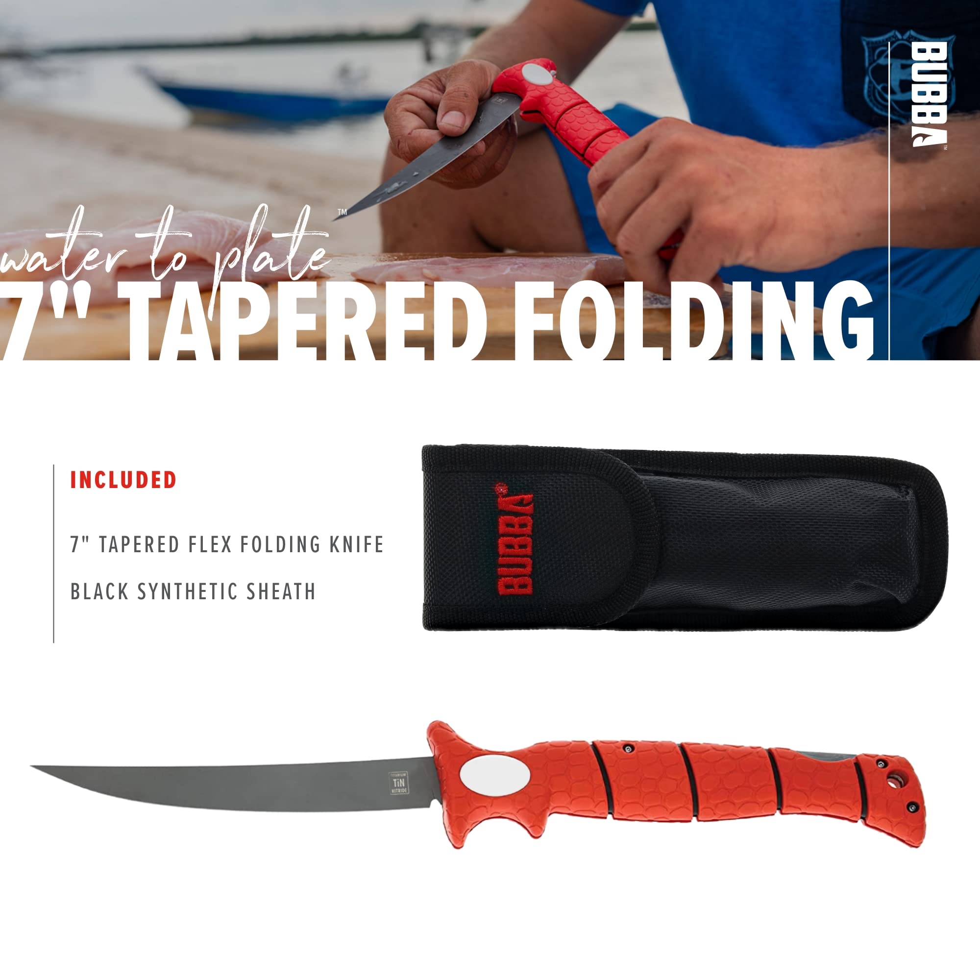 BUBBA 7" Tapered Flex Folding Knife with Non-Slip Grip Handle, Offset Full Tang Stainless Steel Blade, Lanyard Hole and Synthetic Sheath for Fishing - Image 6