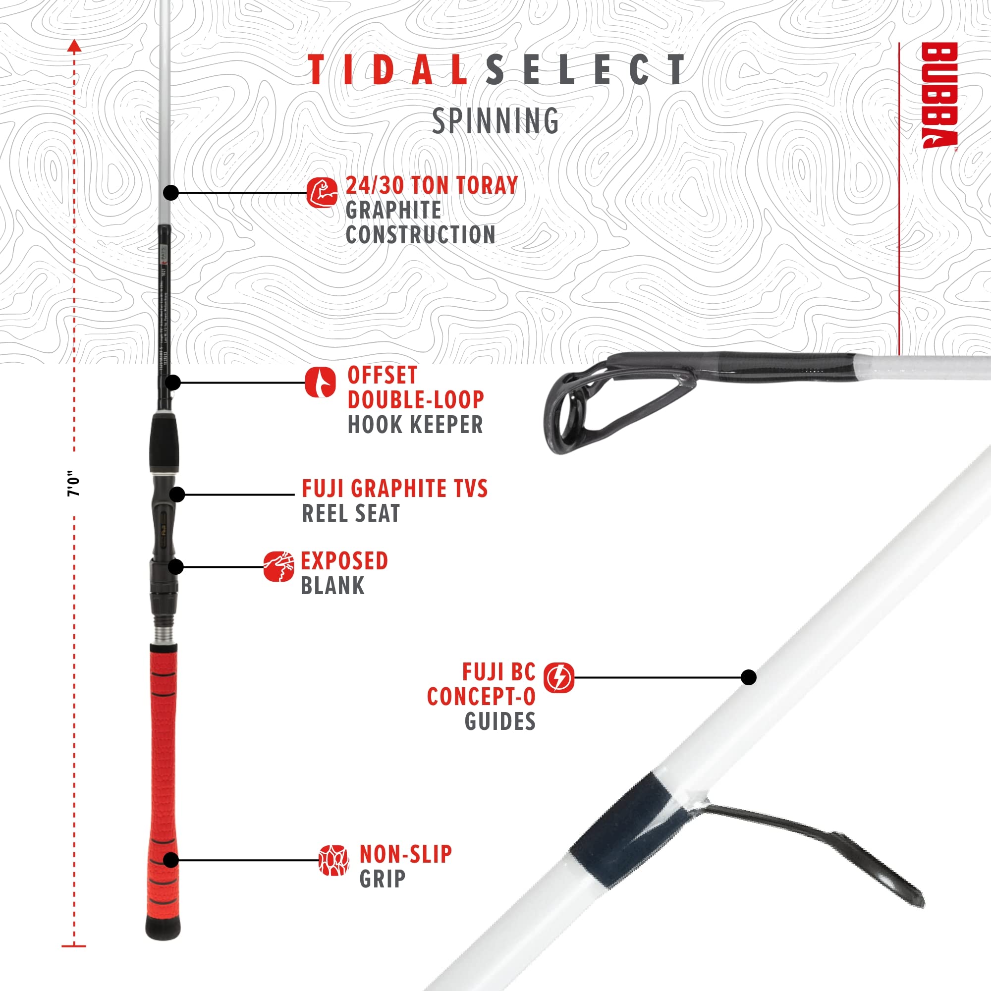 Bubba Tidal Select Spinning Fishing Rod with Fuji® Guides and Graphite Reel Seat, Carbon Fiber, 7'-7'6", for Fishing, Outdoors - Image 3